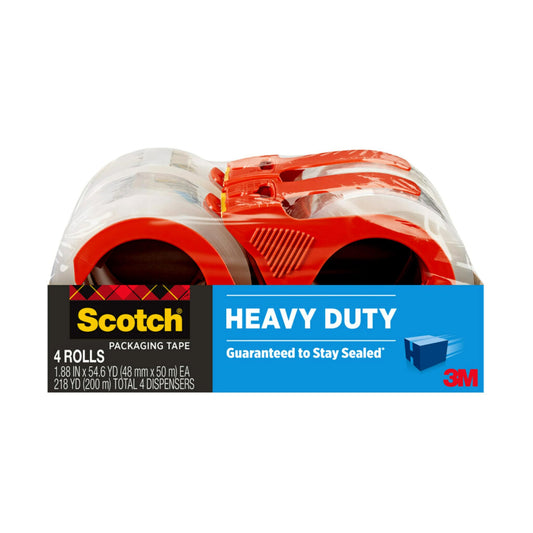 Scotch Heavy Duty Shipping Packing Tape, Clear, Shipping and Packaging Supplies, 1.88 in. x 54.6 yd., 4 Tape Rolls with 4 Dispensers