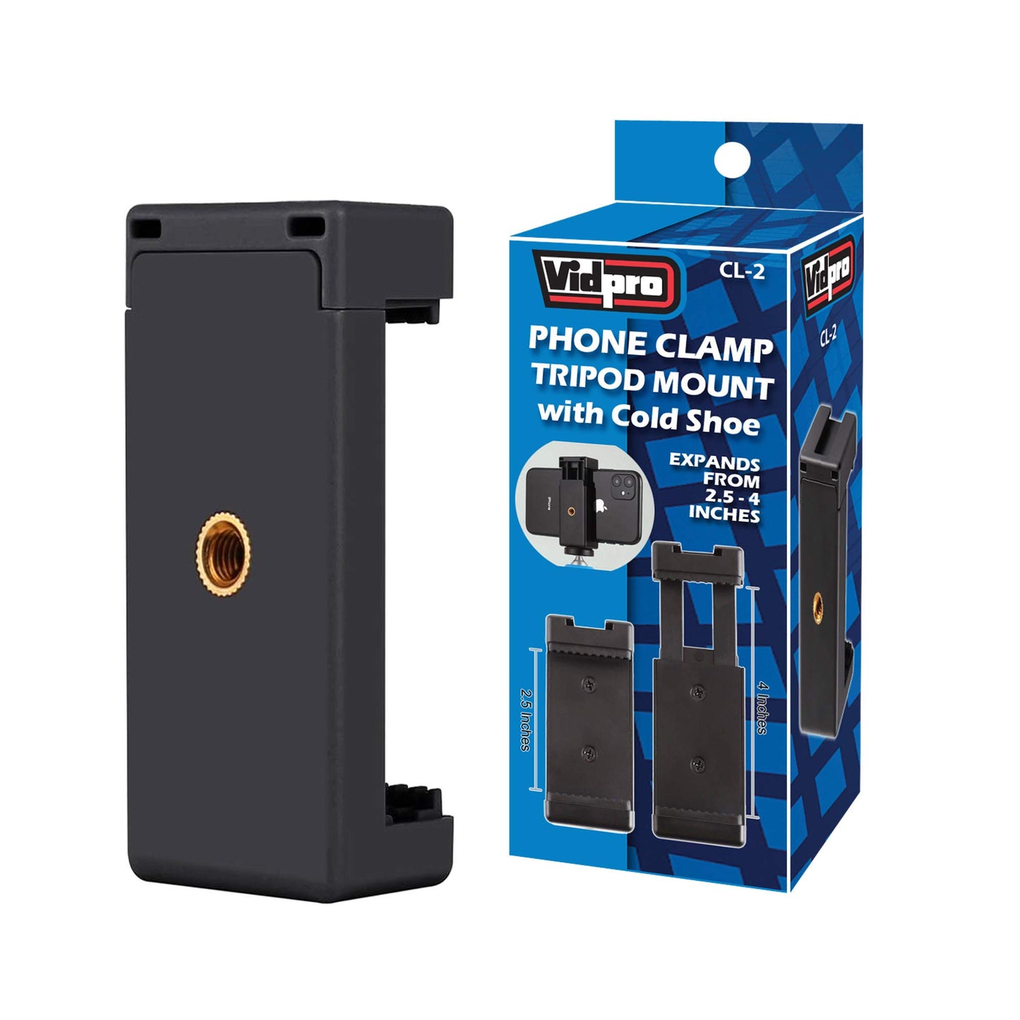 Vidpro CL-2 Tripod Mountable Smart Phone Clamp Cradle with Cold Shoe Mount. 1/4-20 Socket Attaches to Tripods, Monopods, Spring Clamp Accepts Phones