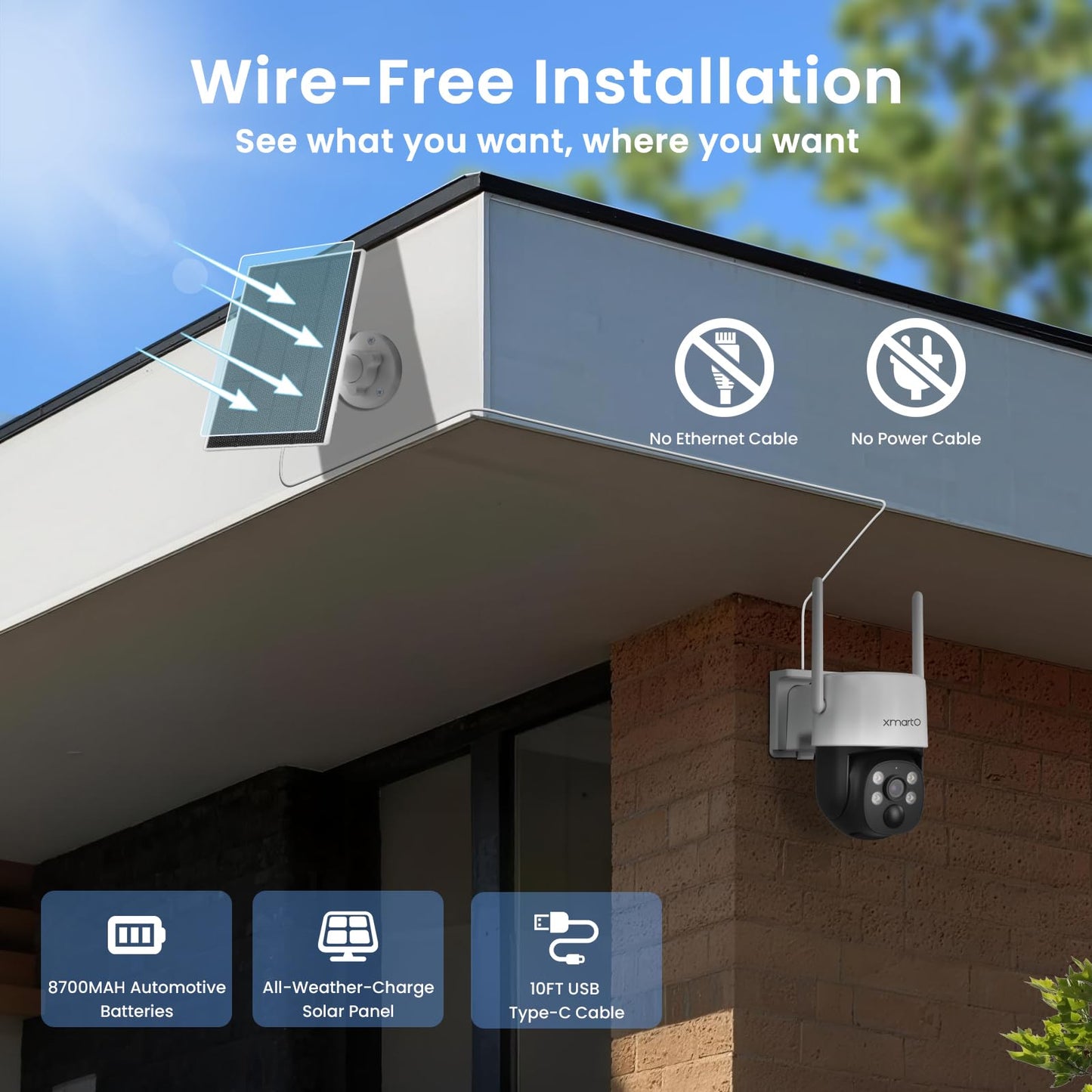 xmartO Solar/Battery-Powered Wire-Free PTZ Home Security Camera Wireless Outdoor/Indoor CCTV Surveillance (Non-Stop Solar Power, Rechargeable Battery