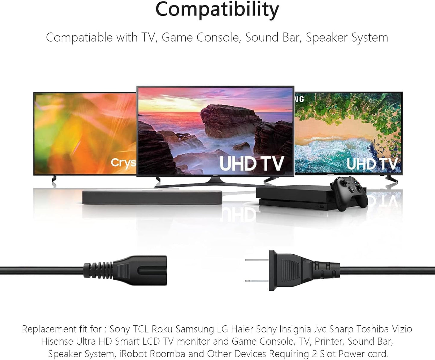 QKCOK 8FT 2 Prong C8 Wall Power Supply Cable Cord for Sony PS5/PS4,Xbox One S/X Series X/S, PlayStation 5 4, TCL Roku Smart LED LCD HD TV, HP
