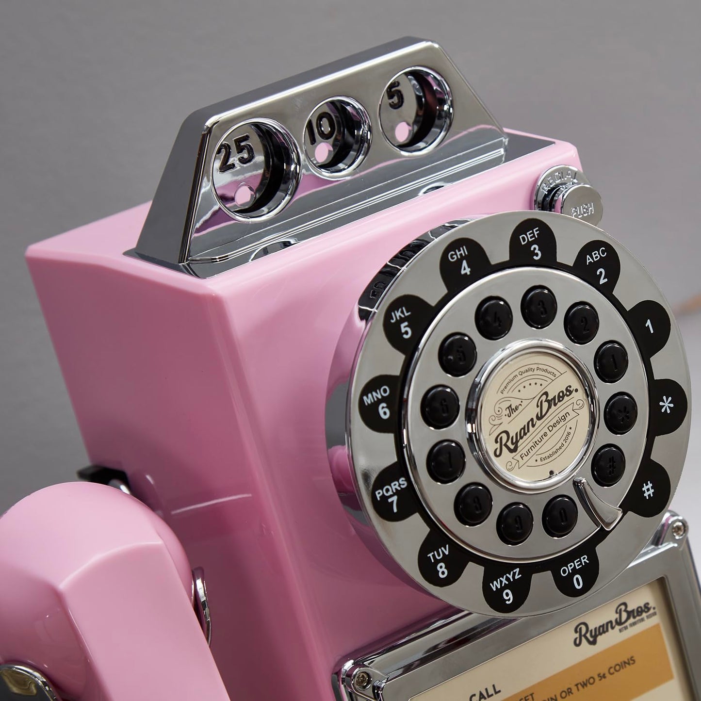 Ryan Bros. American Retro 1950's Payphone with Coin Bank Wall-Mount Corded Phone (Pink)