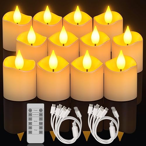 Yme Rechargeable LED Tea Lights, 12pcs Battery Operated Flameless Fake Votive Candles Flickering with Remote Timer for Christmas Halloween Decorations
