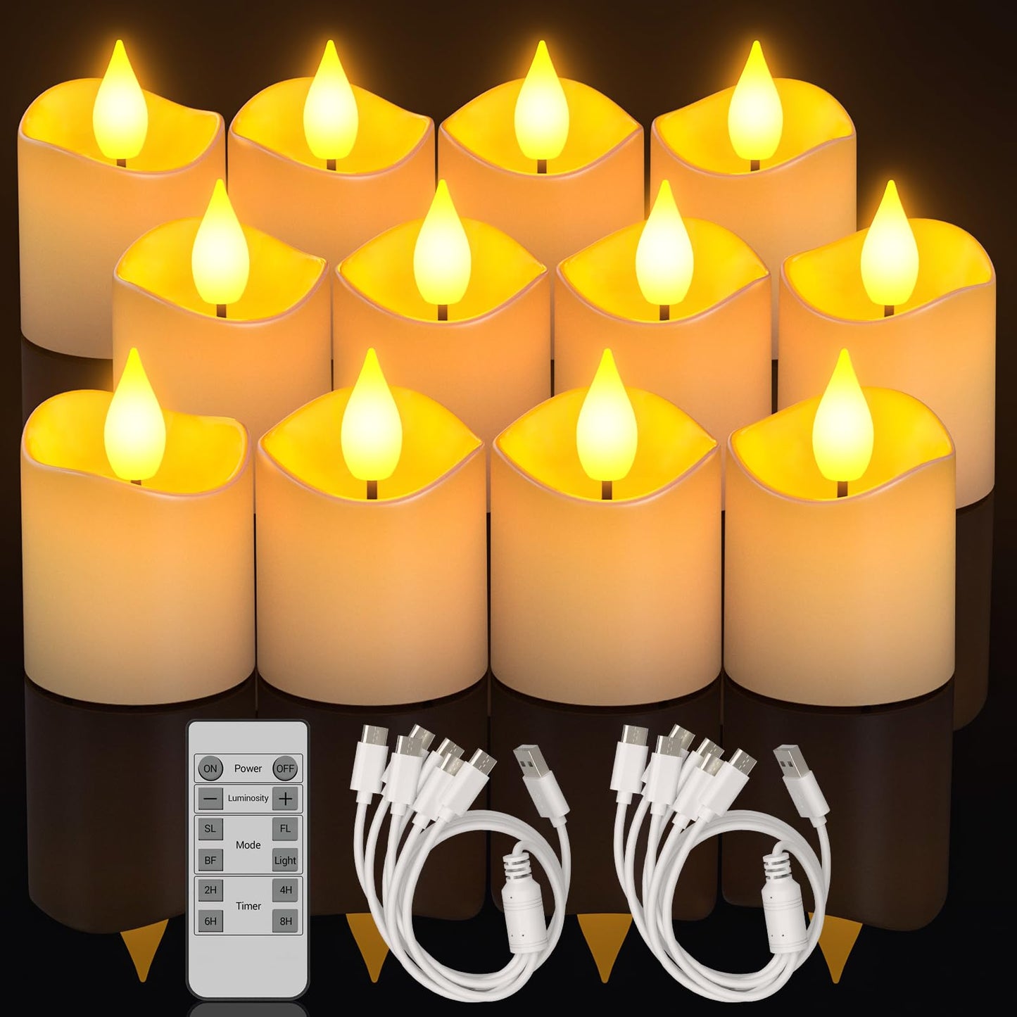 Yme Rechargeable LED Tea Lights, 12pcs Battery Operated Flameless Fake Votive Candles Flickering with Remote Timer for Christmas Halloween Decorations