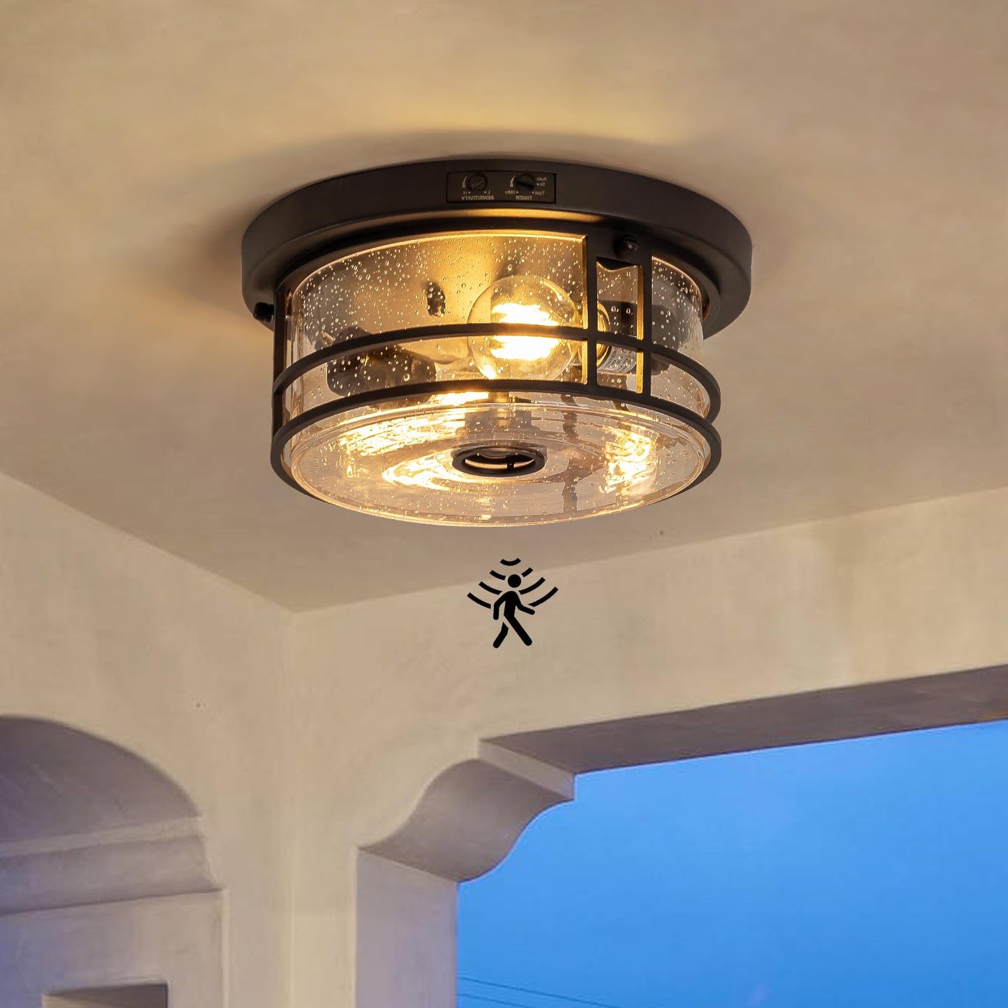 SAYTOP Outdoor Ceiling Light with Motion Sensor Flush Mount Round Porch Light, Industrial 2-Light Dusk to Dawn Ceiling Light Fixture with Clear Glass
