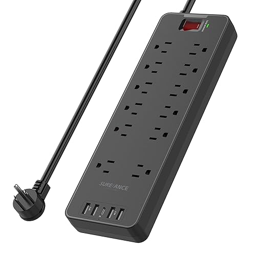 Surge Protector Power Strip - SUREANCE 12 Outlets Surge Protector Outlet Extender with 5 USB Ports, 6FT Flat Plug Extension Cord, 2100J, Mountable