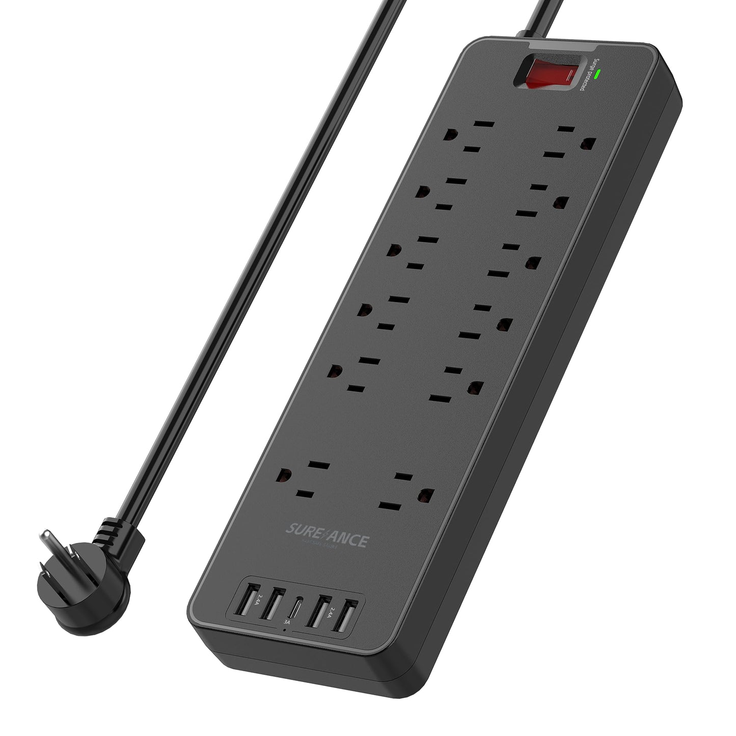 Surge Protector Power Strip - SUREANCE 12 Outlets Surge Protector Outlet Extender with 5 USB Ports, 6FT Flat Plug Extension Cord, 2100J, Mountable
