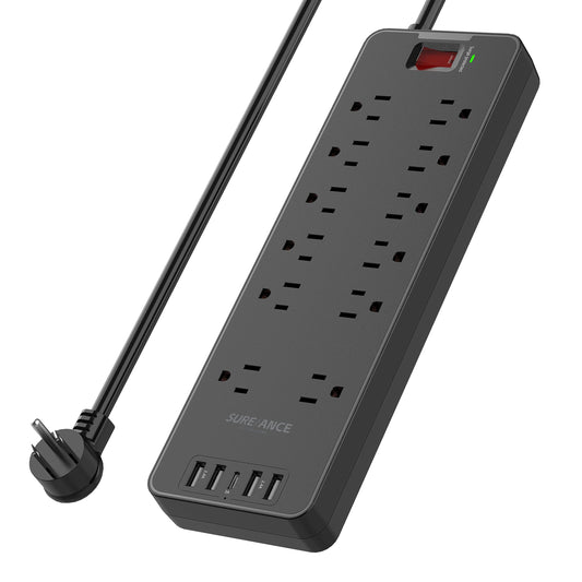 Surge Protector Power Strip - SUREANCE 12 Outlets Surge Protector Outlet Extender with 5 USB Ports, 6FT Flat Plug Extension Cord, 2100J, Mountable