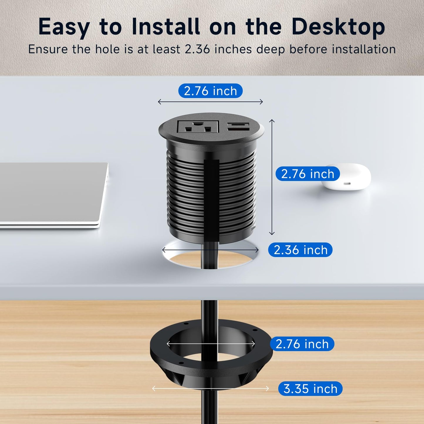 ZHANGONG Desk Power Grommet Outlet, Recessed Power Outlet with 20W USB-C Fast Charging, 2.76 inch for Conference Rooms, Office Tables, Furniture