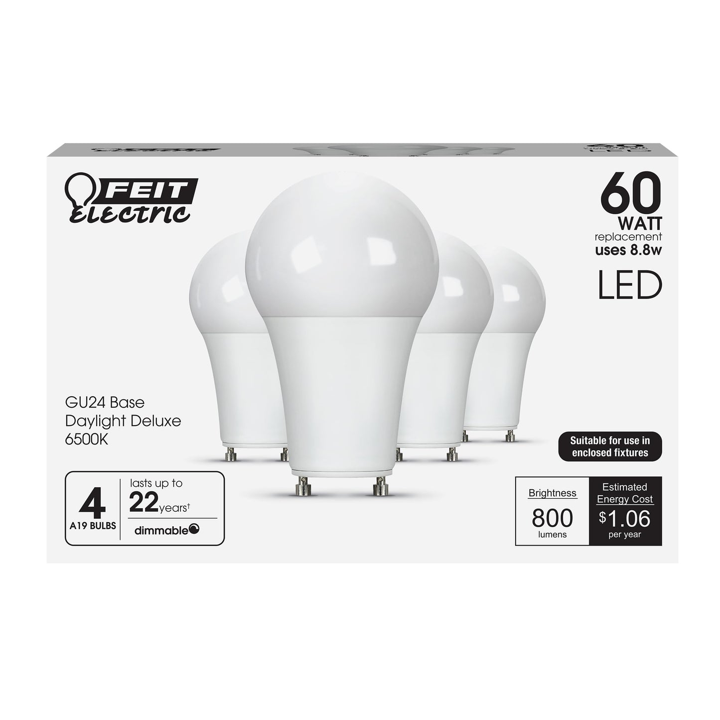 Feit Electric A19 LED Light Bulbs, 60W Eq, Bright White, 4-Pack