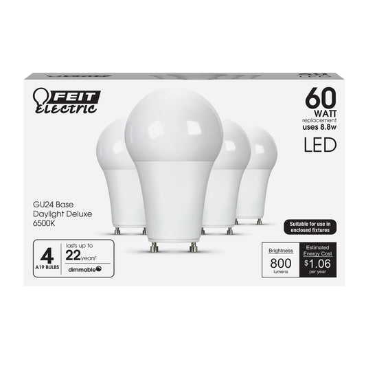 Feit Electric A19 LED Light Bulbs, 60W Eq, Bright White, 4-Pack