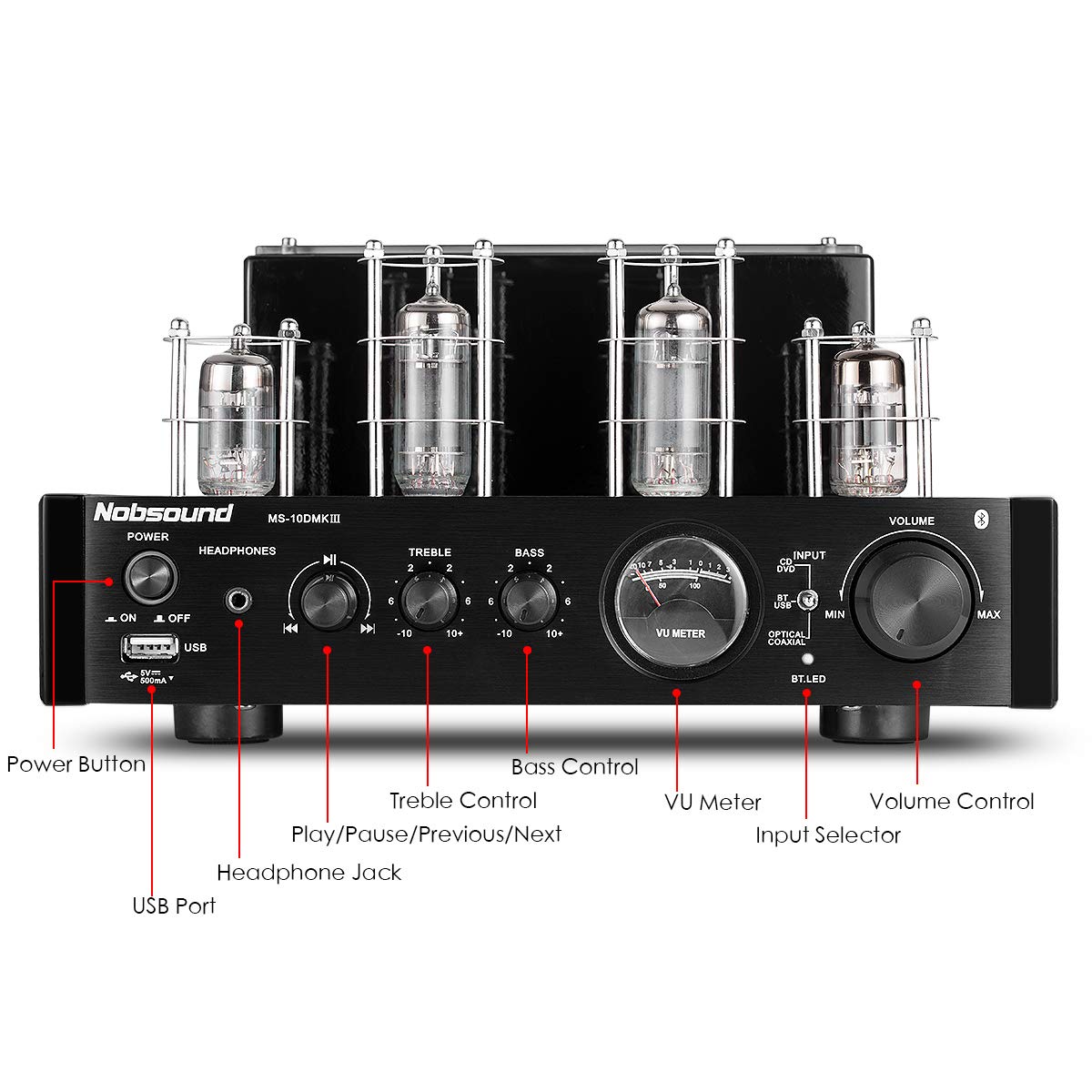 Nobsound MS-10D MKIII HiFi Bluetooth Hybrid Tube Power Amplifier Stereo Subwoofer Amp USB/Opt/Coax