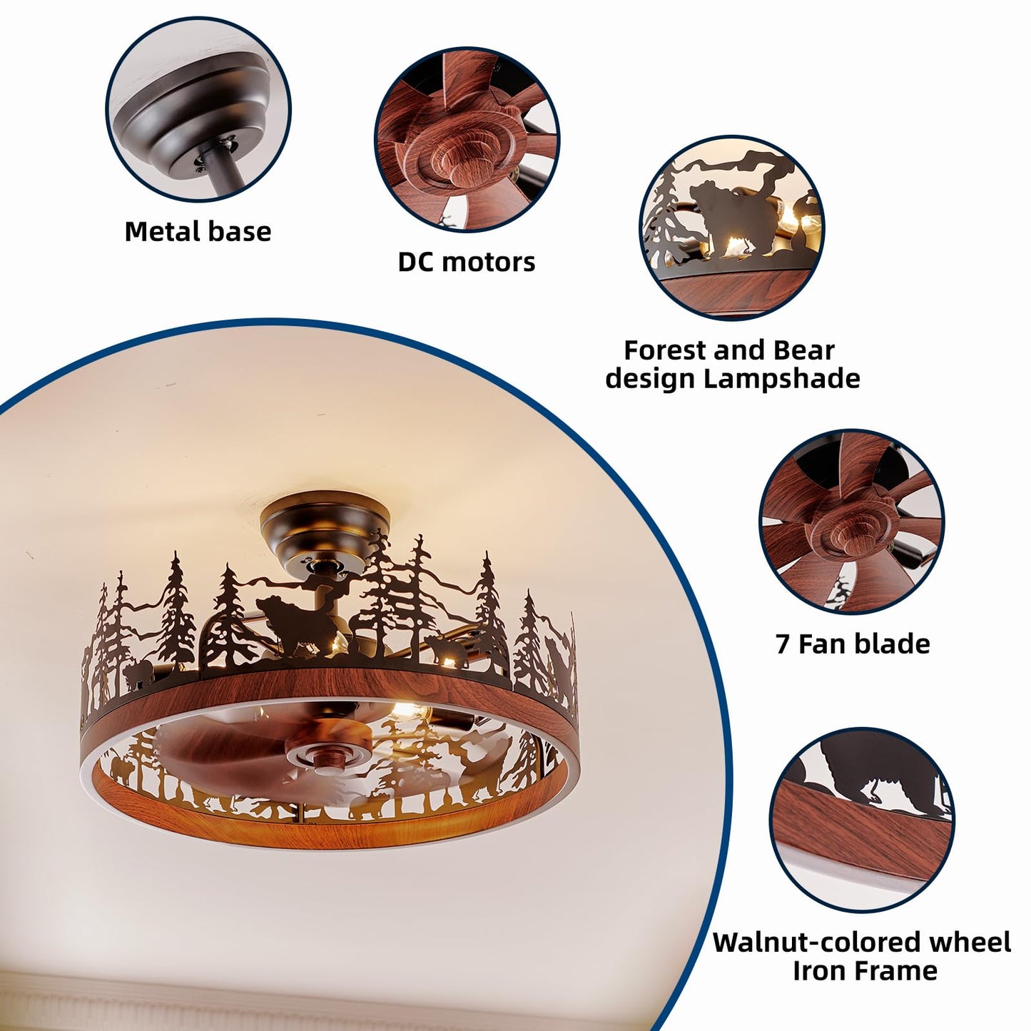 Monikessy Farmhouse Rustic Ceiling Fan with Light and Remote, 21.7" Flush Mount Enclosed Bladeless Black Chandelier Fan with Forest and Bear