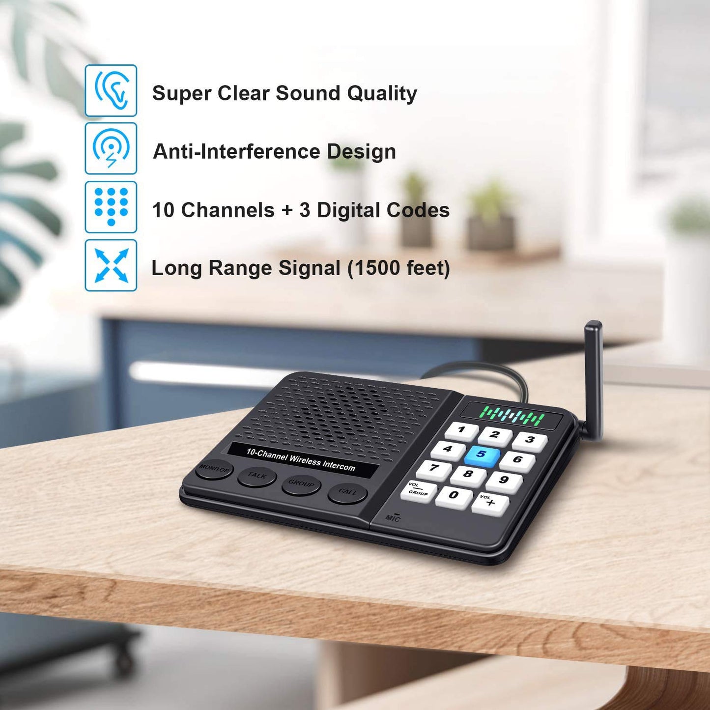 Intercoms Wireless for Home - 10 Channel 3 Privacy Code Wireless Intercom System for Home House Business Office - GLCONN 1.1 Mile Range Room to Room