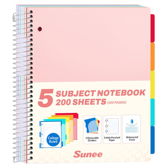 SUNEE 5 Subject Notebook College Ruled - 400 Pages, 9"x11", 5 Pocket Colored Dividers, 3-Hole Punched Paper, Pink