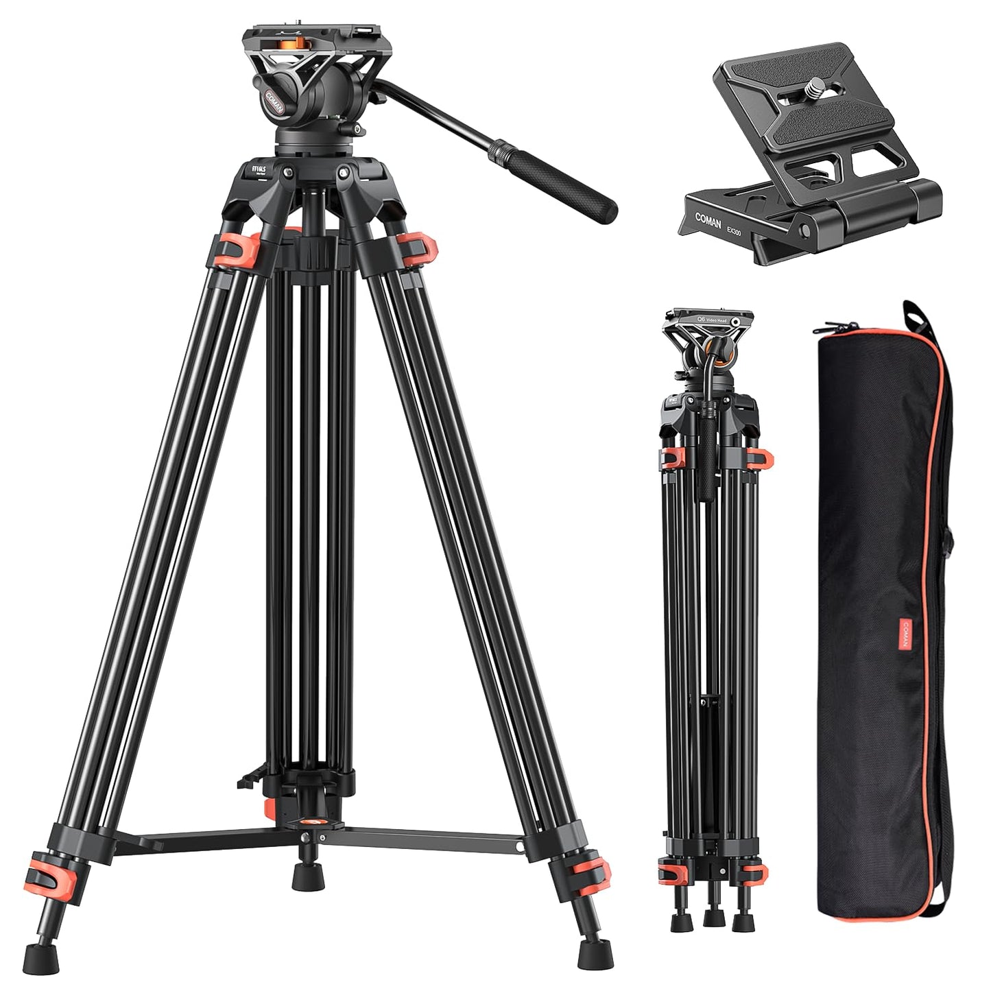 COMAN 74" Camera Tripod, Heavy Duty Video Tripod for Camera with Fluid Head and Aluminium Alloy Max Load 22.04 lbs/ 10KG for Canon Nikon DSLR