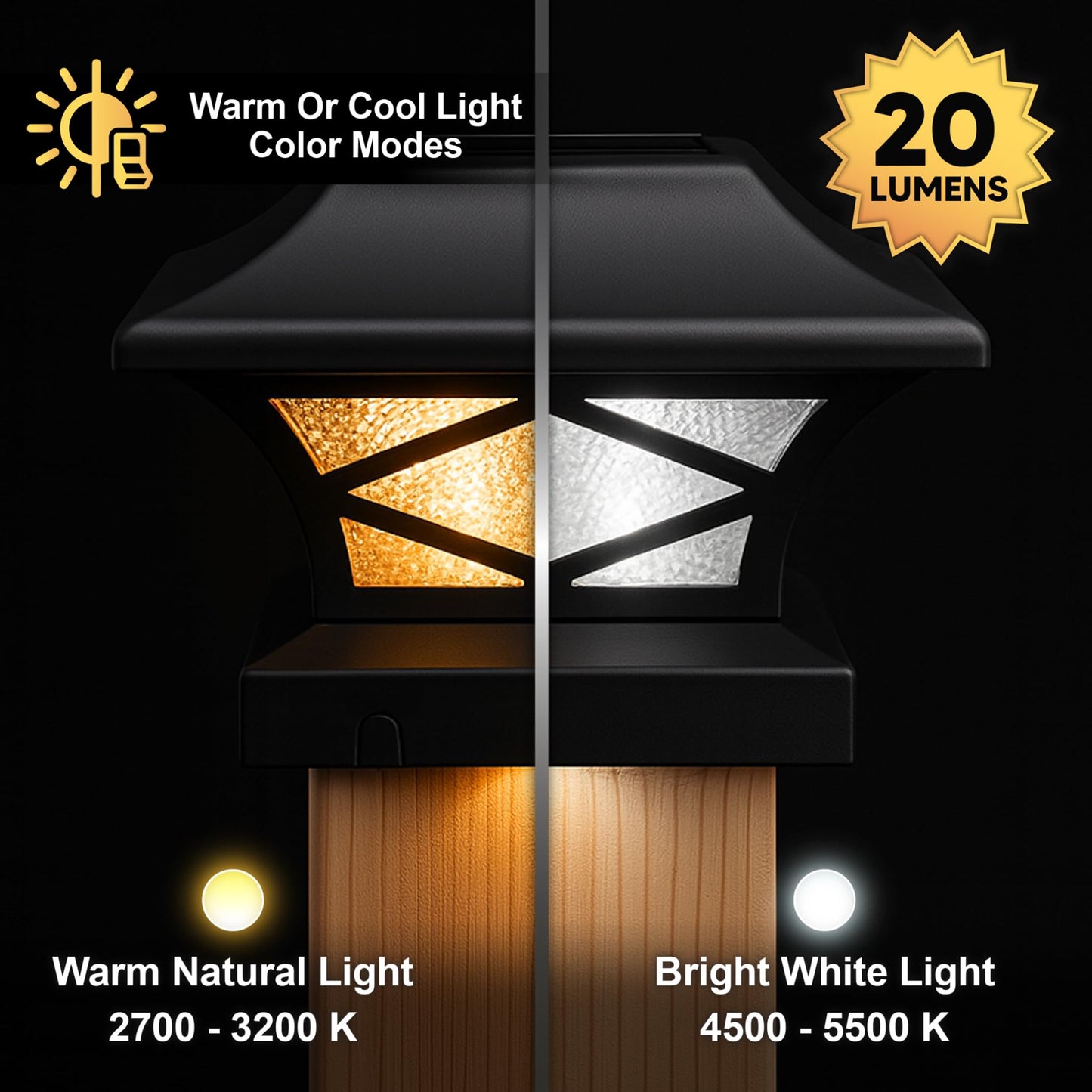 Classy Caps Kingsbridge Dual Lighted Solar Post Cap - Fits 3.5"x3.5", 4"x4", 5"x5", and 5.5"x5.5" Deck & Fence Posts - Black Aluminum, Real Glass