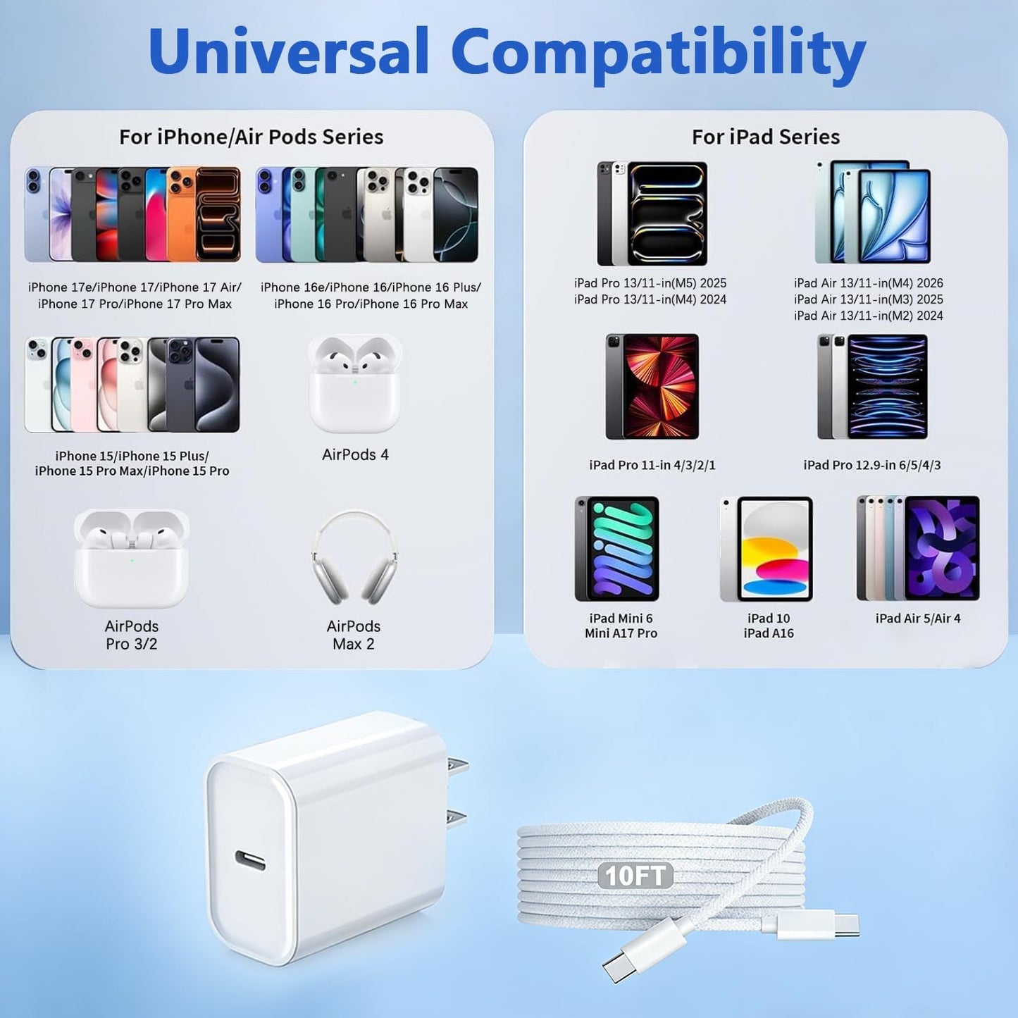 iPhone 17 16 Charger,USB C Wall Charger Block Chargers Fast Charging with 10FT USBC to C Woven Cable for iPhone 17e/17/17 Pro/17 Pro Max/17 Air/iPhone