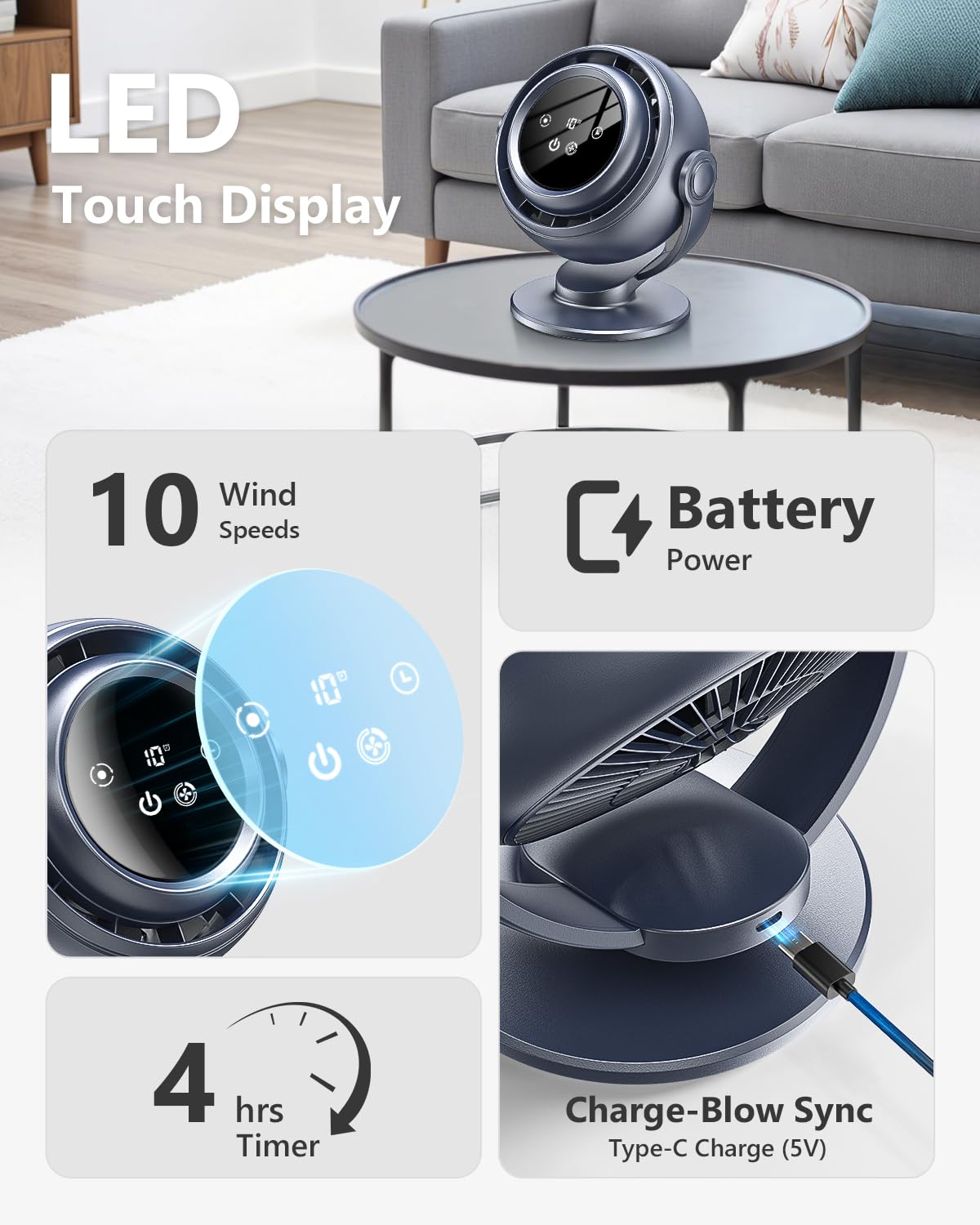 AGEYOU Desk Fan for Office, 90°Oscillating Fan with 6000mAh Rechargeable, 10 Speeds 4H Timer 270°Tilt Adjustment, 29dB Ultra-Quiet Portable Personal