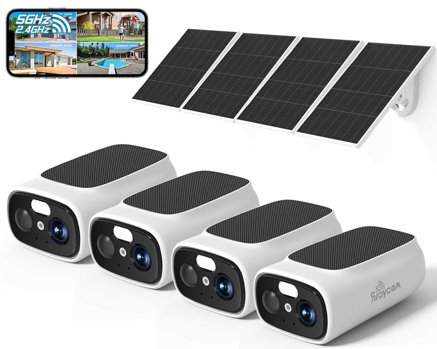 Rraycom 2.5K Solar Security Cameras Wireless Outdoor, 2.4/5Ghz WiFi Battery Solar Powered Security Camera System,Forever Power,Color Night Vision,AI