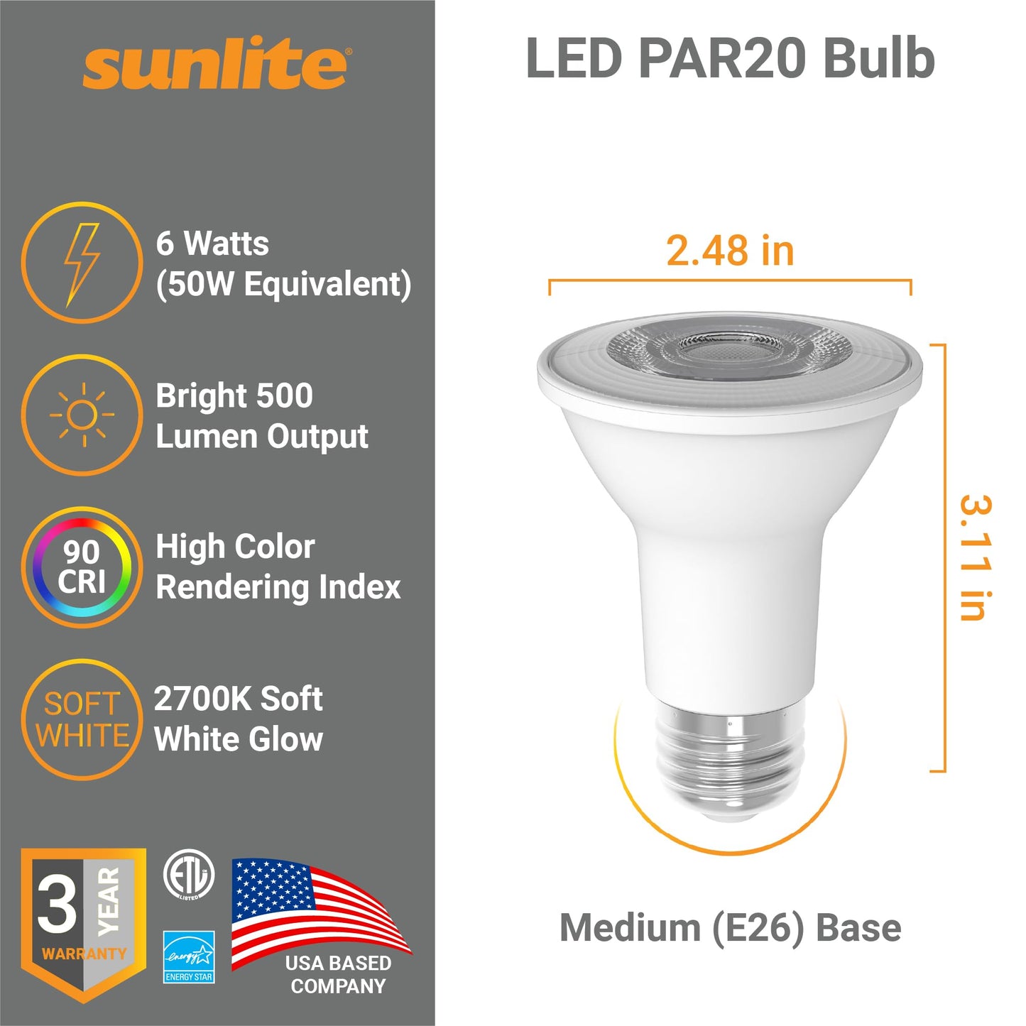 Sunlite LED PAR20 Light Bulb, 6 Watt (50W Halogen EQ), 500 Lumens, 35° Flood Beam, Medium E26 Base, 90 CRI, Dimmable, Title-20/24/CEC Compliant, 120V