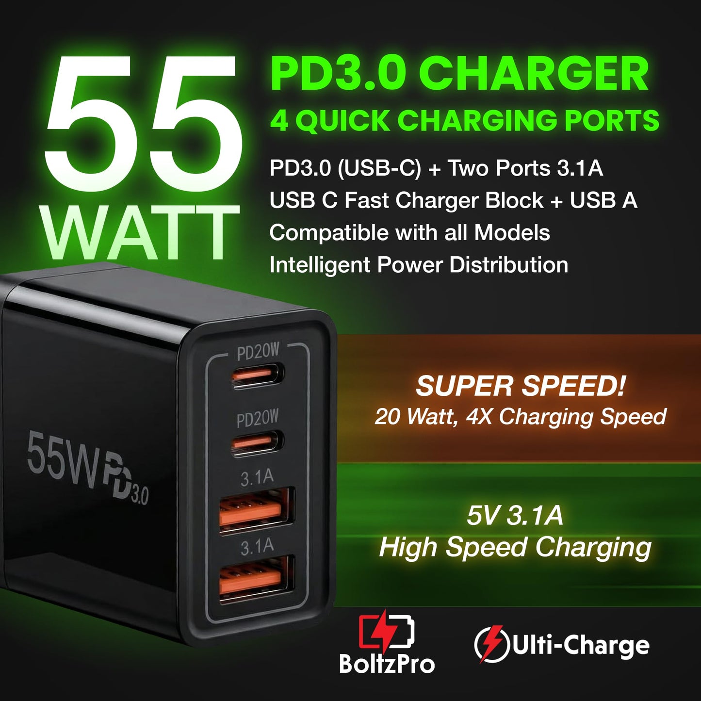 Ulti Charger 4 Ports with Quick USBC Charger Boltz Pro Lightning Fast Charging Block for Smart Phones, Tablets, Devices with Multiple Ports | Wall
