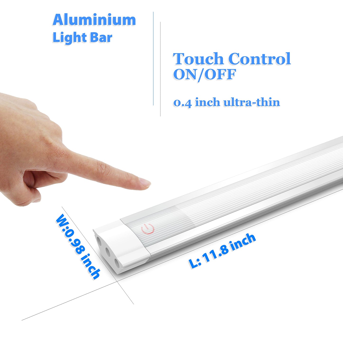 MYPLUS Under Cabinet Lights, 12" Touch Activated and Dimmable Aluminum LED Bar for Kitchen, Workbench and Desk, Cold White 6000K, Plug-in, Sliver