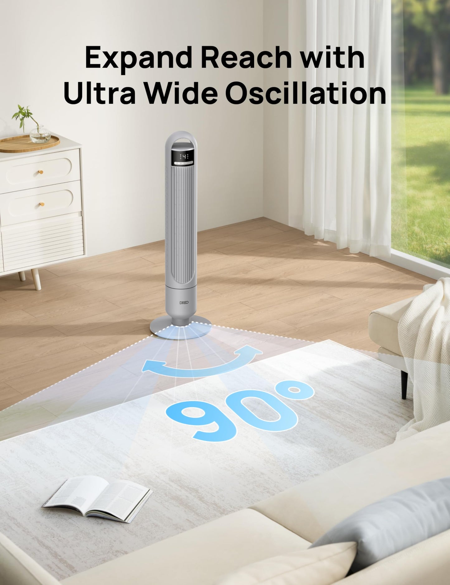 DREO Tower Fan for Bedroom, 26ft/s Velocity, 90° Oscillating, 8H Timer