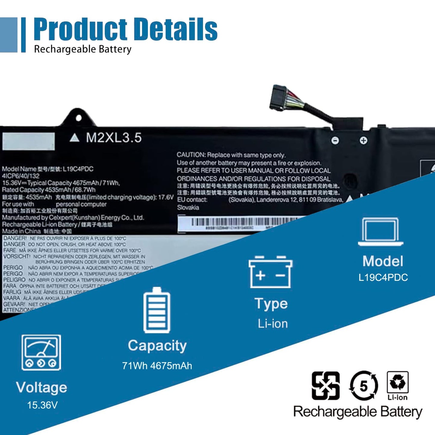 VANPIR L19C4PDC Laptop Battery 15.36V 71Wh 4675mAh Replacement for Lenovo Ideapad Yoga 7-14ITL5 7-15ITL5 Series Notebook 5B10Z26482 L19L4PDC