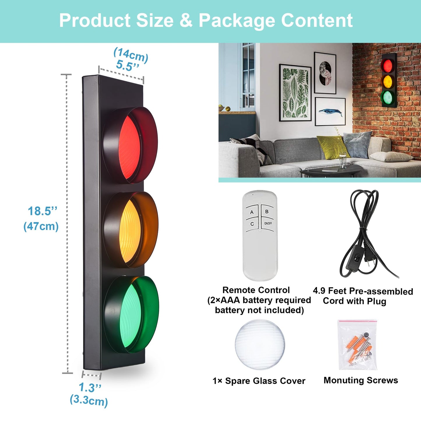 PANLAVIE Traffic Light Wall Lamp Remote Control Retro Kids Bedroom Stop Light, Plug in Industrial LED Wall Sconce, 18.5’’ Vintage Fun Signal Lights