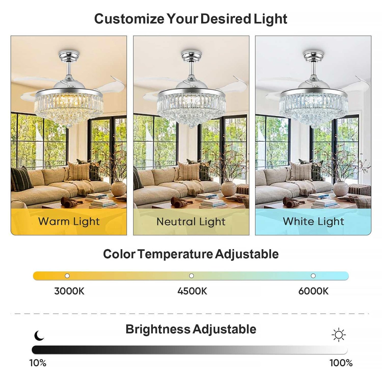 FIDGRA 42'' Fandelier Ceiling Fan with Light, Chandelier with Fan, Chrome