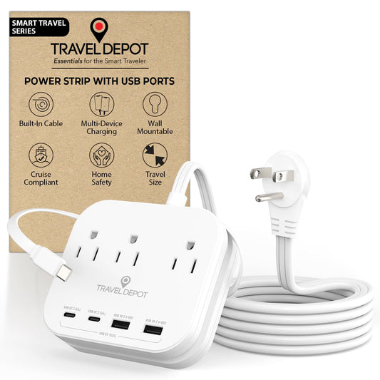 TRAVEL DEPOT Cruise Essentials Flat Plug Power Strip, Durable 5 ft Extension Cord w/ 3 Outlets Extender & Built-In Type C Cable, 2 USB & 2 USB-C