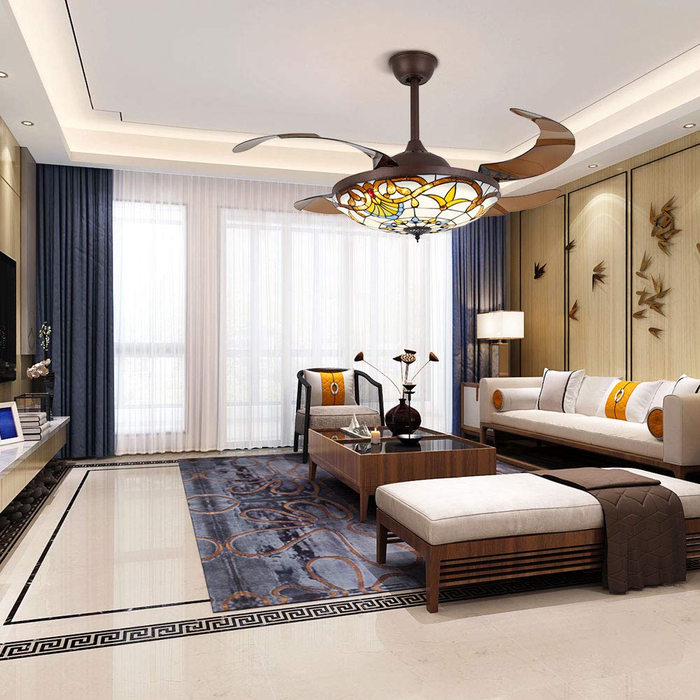 YIYIBYUS 42 Inch Tiffany Style Fan Chandelier Light with Controller,Led Crystal 3 Color Change Retractable Ceiling Fans Light Without Frequency