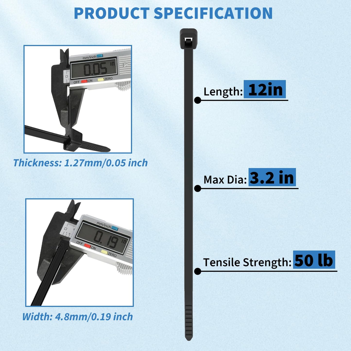 CENTROPOWER Zip Ties 12 Inch 100 Pack Heavy Duty 50 Lbs Tensile Strength - UV Resistant Self-Locking Black Nylon Cable Ties for Indoor and Outdoor