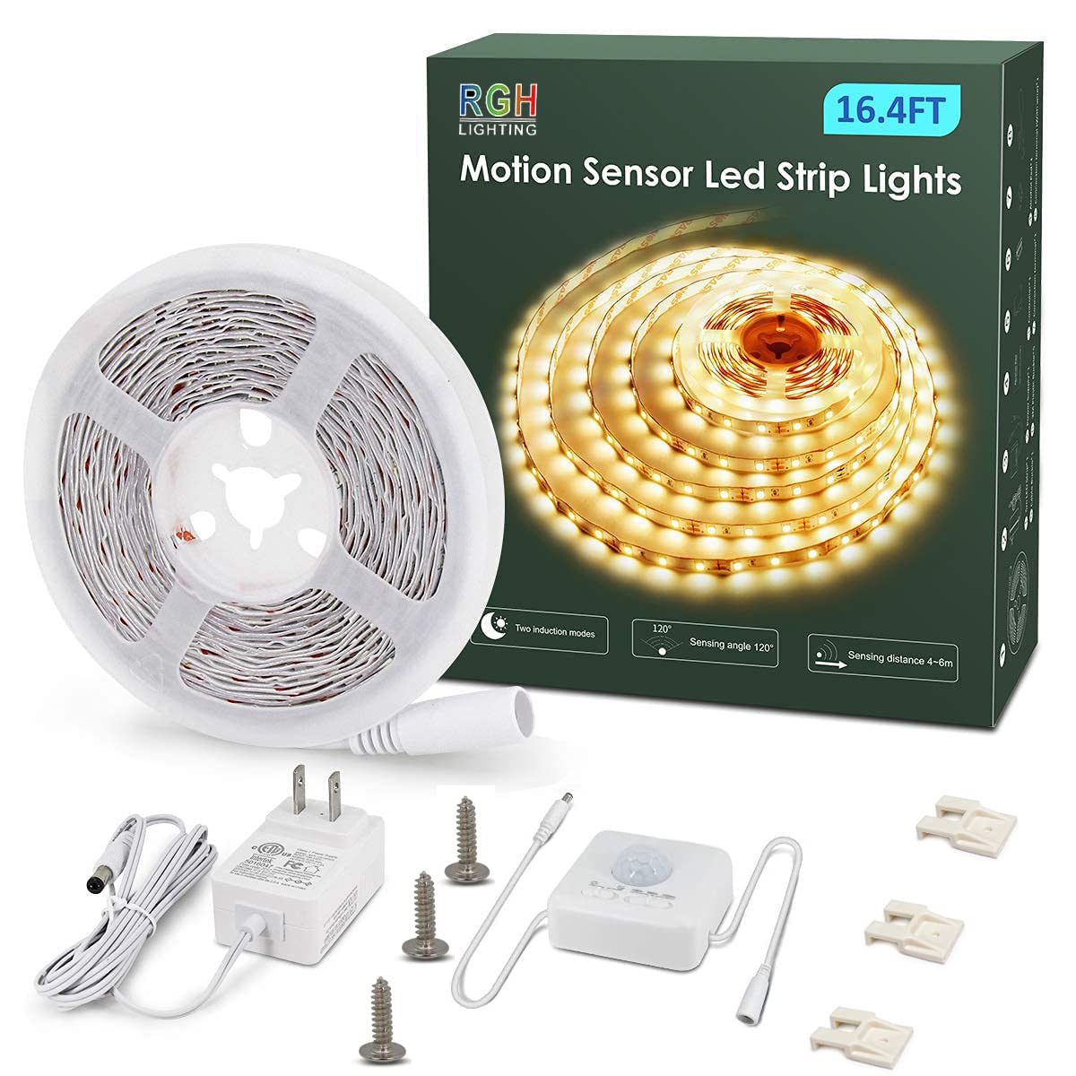 Motion Activated LED Strip Lights,RGH LIGHTING 16.4ft LED Light Strip with Day or Night 2 Lighting Modes,3 Timing Off Modes,Cozy Warm White 12v