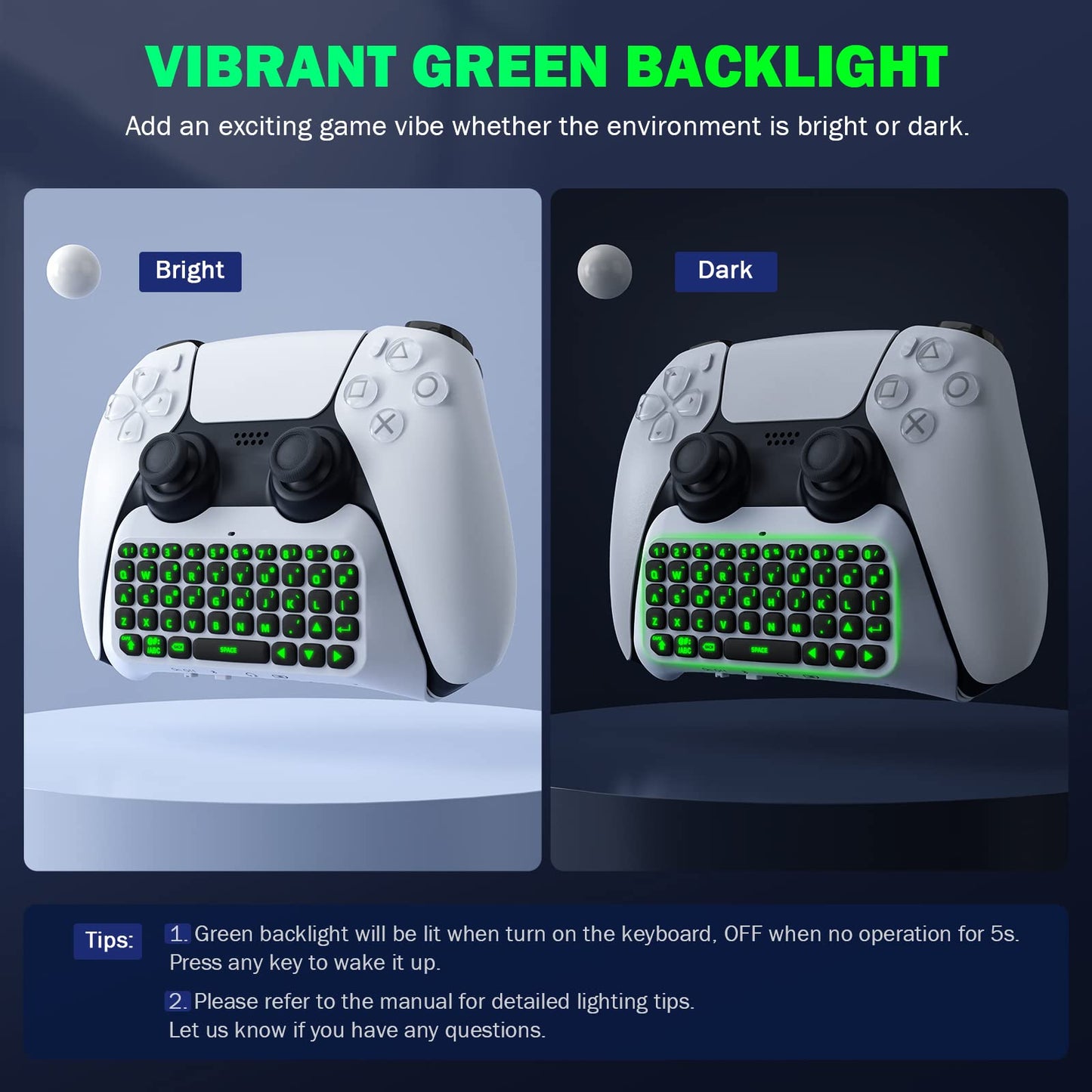 MoKo Keyboard for PS5 Controller with Green Backlight, Bluetooth Wireless Mini Keypad Chatpad for PlayStation 5, Built-in Speaker & 3.5mm Audio Jack