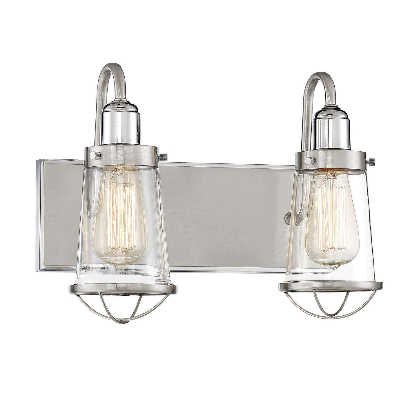 Savoy House 8-1780-2-111 Lansing Industrial Nautical Clear Glass Bathroom Vanity Wall Light, 2-Light 120 Total Watts, 10" H x 14" W, Satin Nickel