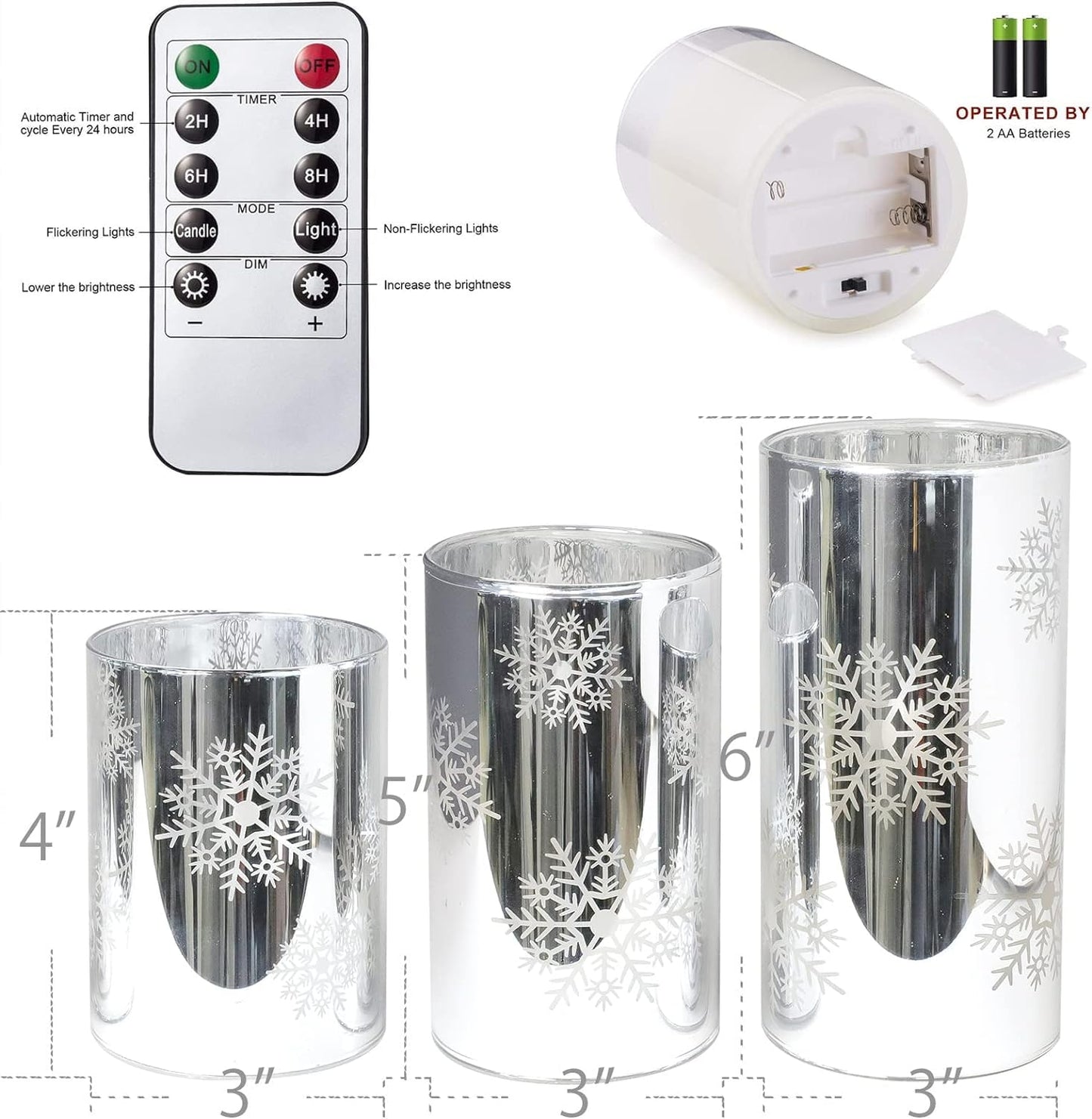 FLAVCHARM Snowflake LED Flameless Candles with Remote and Timer, Electroplate Glass Candles Operated by Battery, Christmas LED Flickering Candles