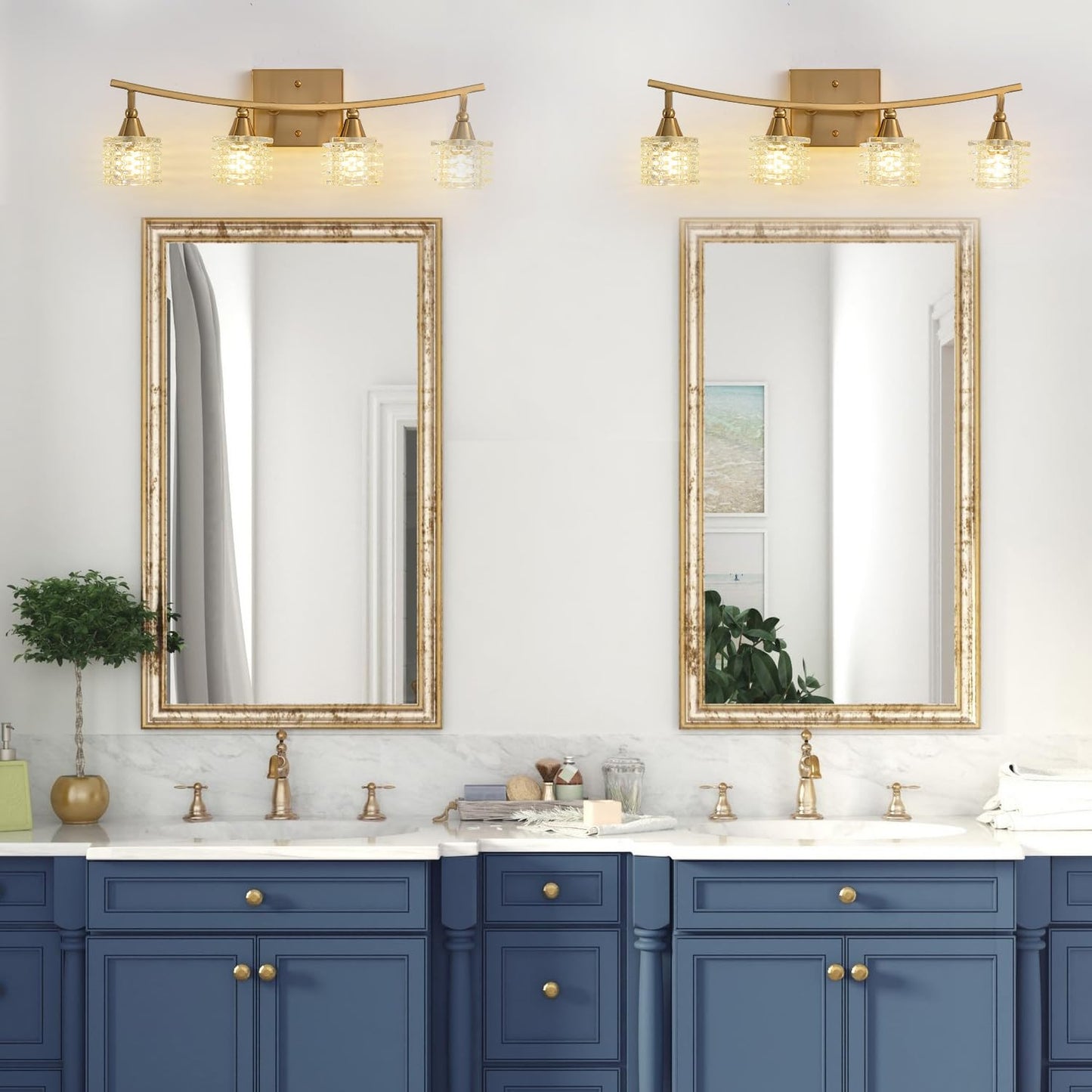 21 Inch Brass Bathroom Light Fixtures, Small Gold 4-Light Modern Vanity Light Over Mirrors, Wall Mount Sconces with Cube Ribbed Glass Shades, G9