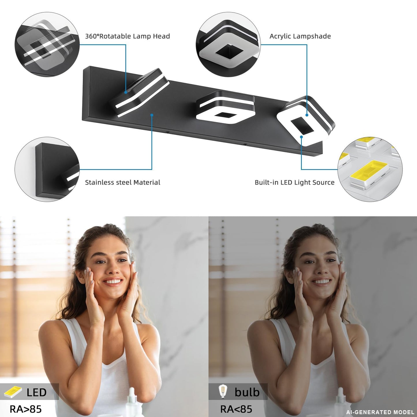 7Degobii Modern LED Bathroom Vanity Light Dimmable Matte Black 3-Light Fixture 18W 24" Wall Light Day Light 5500K 110V AC