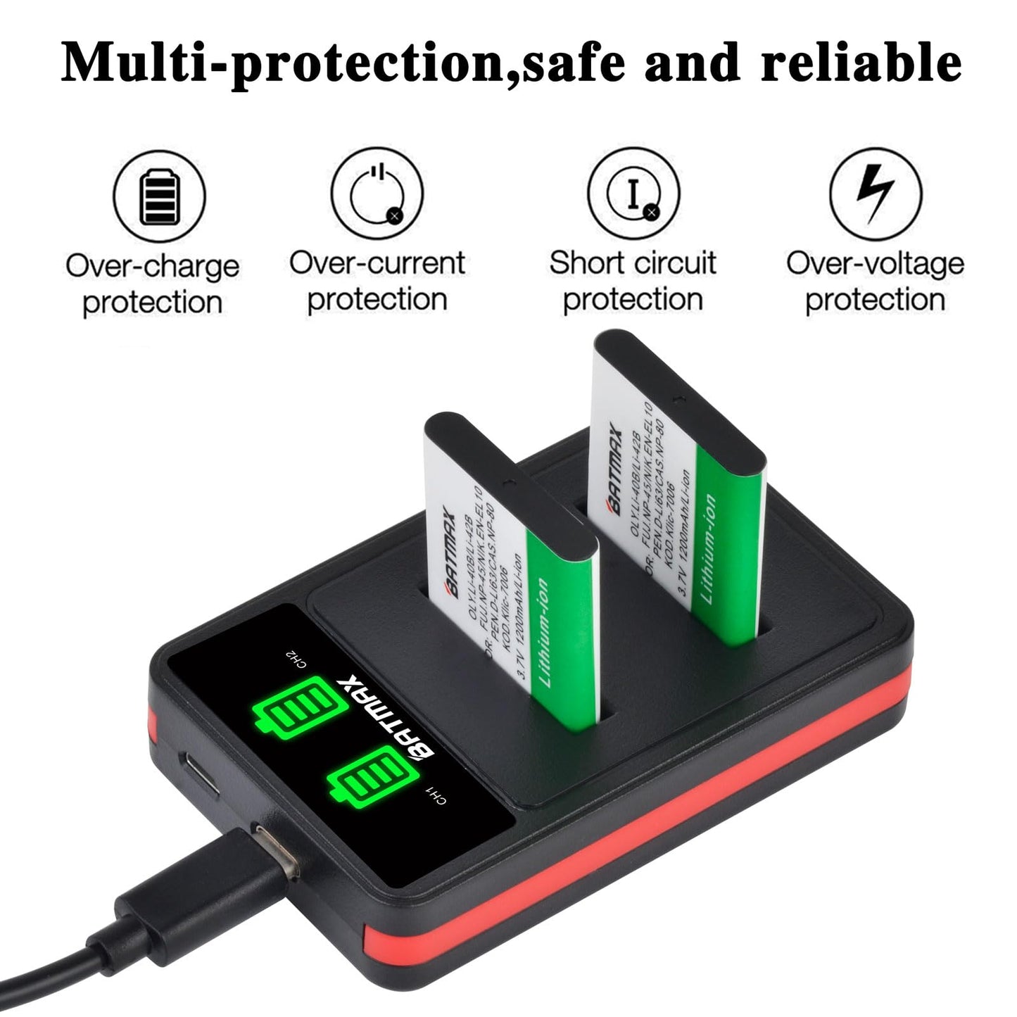 Batmax 2Pcs EN-EL10 NP-45 Li-40B Battery + Quick LED Dual Charger for Fujifilm NP 45 Nikon EN EL10 Olympus LI-42B LI-40B, Kodak KLIC-7006, Casio