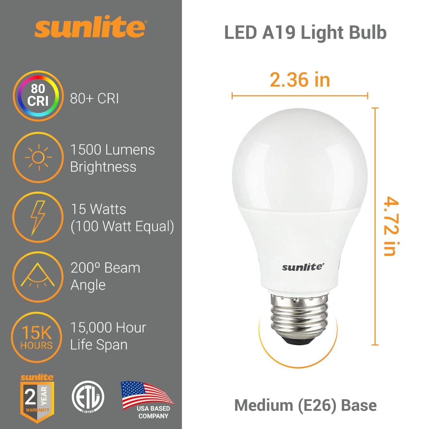 Sunlite LED A19 Light Bulbs, 15 Watts (100W Equivalent), 1500 Lumens, Medium Base (E26), Non-Dimmable, ETL Listed, 3000K - Warm White, 6 Pack