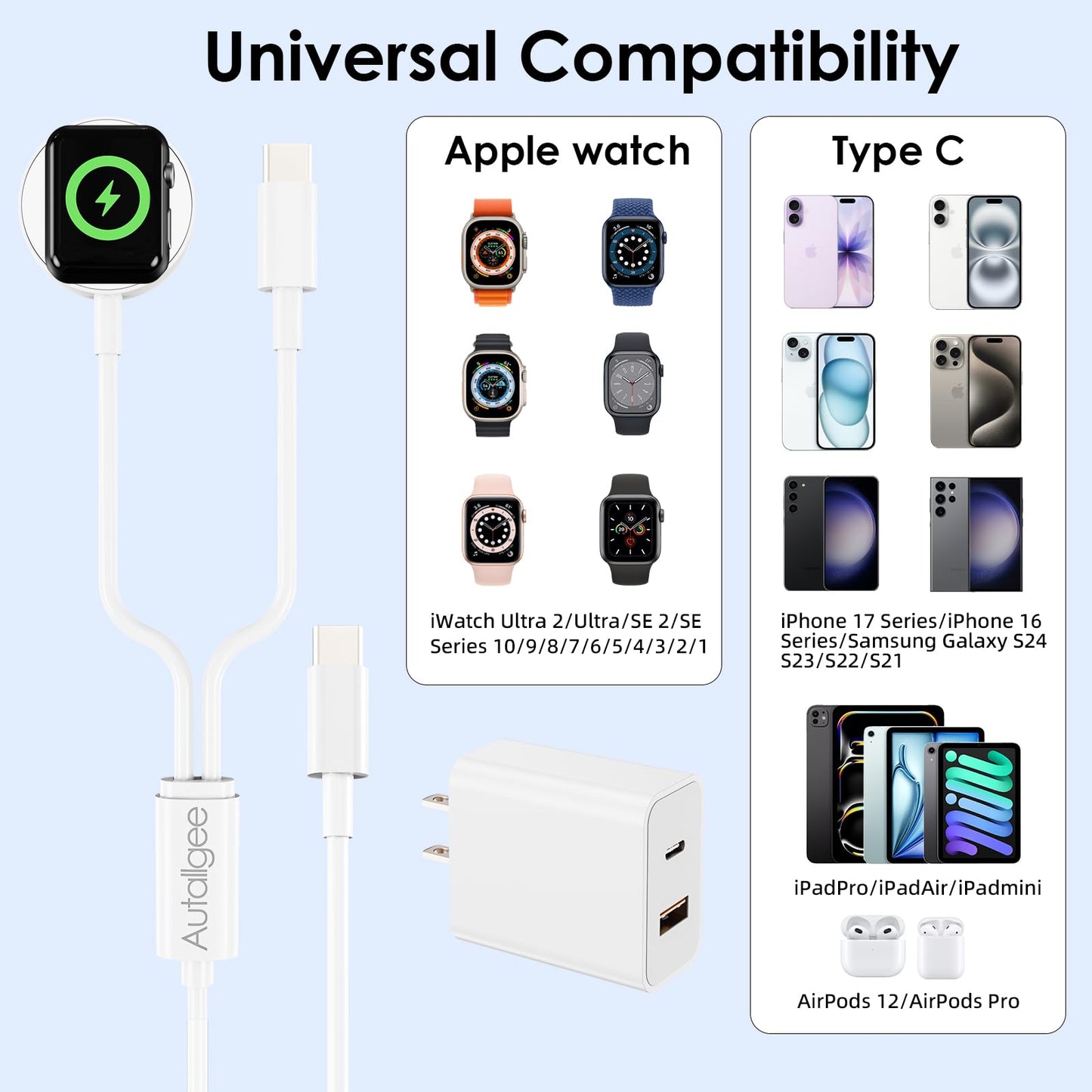 Upgraded [MFi Certified] 2 in 1 Fast Charging Cable for iPhone17 16 15 Charger,Travel for Apple Watch Charger USB C Cable Cord with 20W Wall Charger