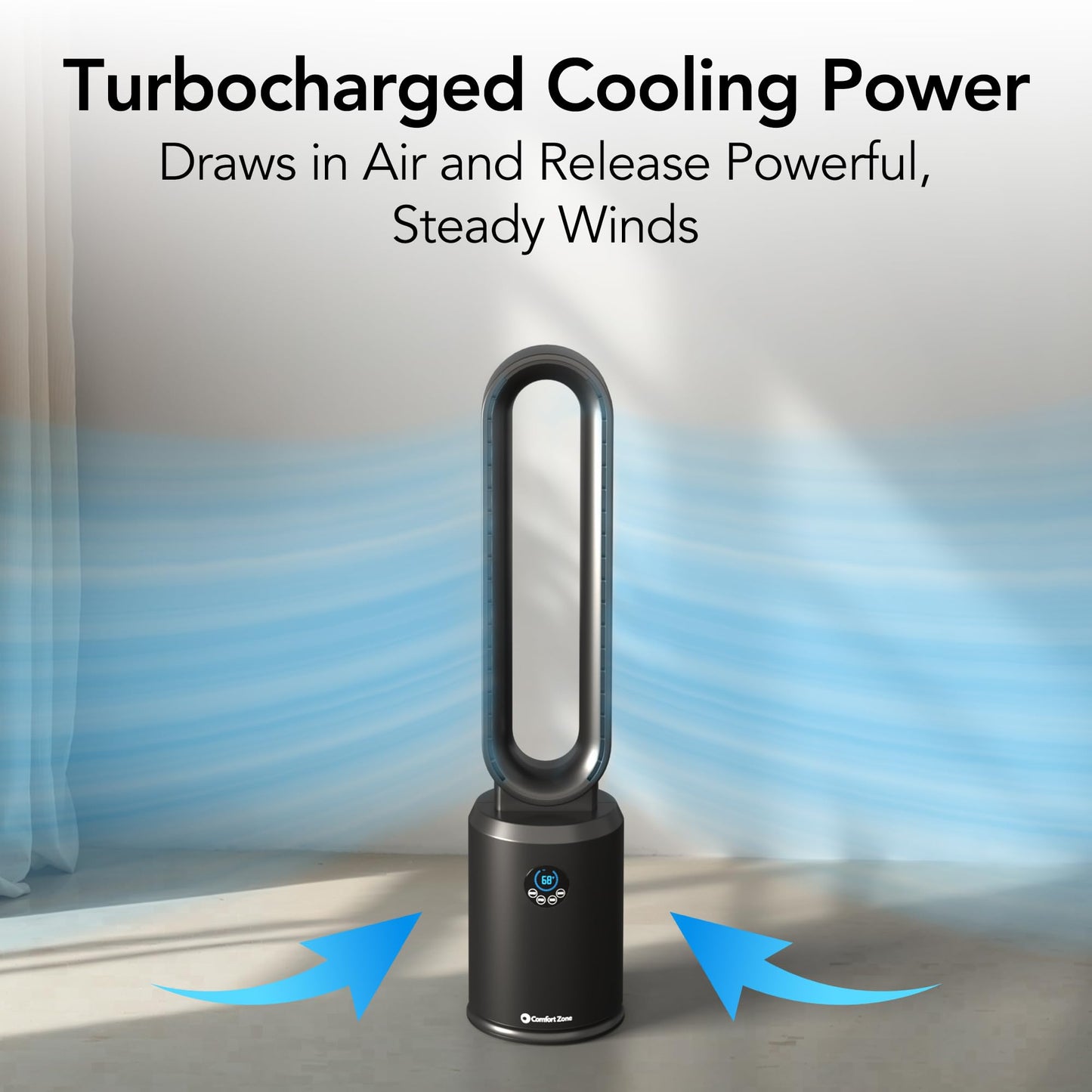 Comfort Zone 40-Inch Bladeless Tower Fan for Bedroom - Quiet Standing Fan with Remote Control, 9H Timer & Wide Area Oscillation - Turbocharged Airflow