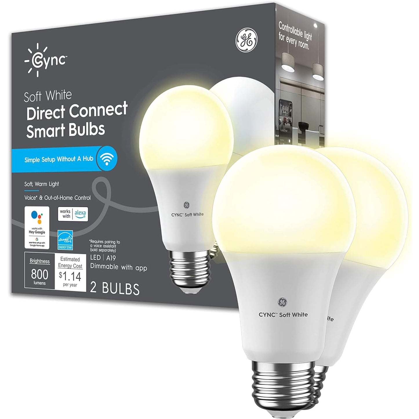 GE CYNC A19 Smart LED Light Bulbs, Soft White, Bluetooth and WiFi Light Bulbs, 60W Equivalent, Work with Amazon Alexa and Google Home, 2 Count (Pack