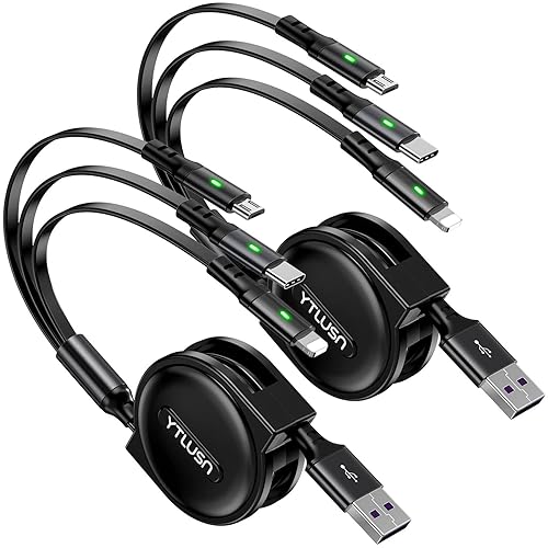 Coiled Multi Charging Cable 3A, 2Pack Retractable Lightning Cable, Multi Charger Cable 4Ft for Car, Retractable Car Charger with IP/Type C/Micro Ports