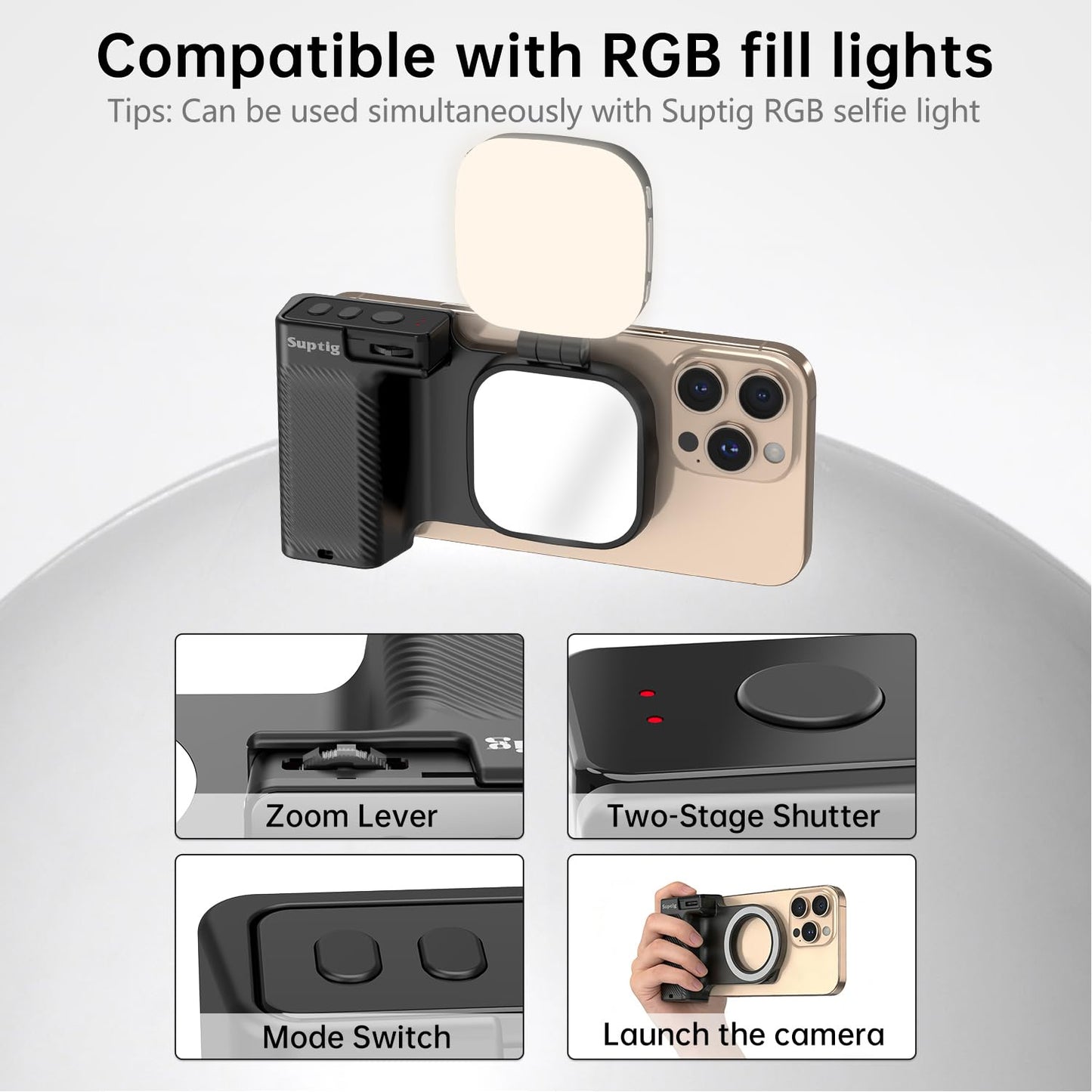 Suptig Fun Shot Magnetic Phone Camera DSLR Style Shutter Grip Compatible for iPhone & Android with Detachable Wireless Shutter Button, Features a