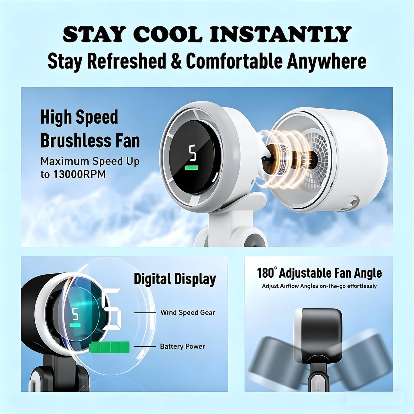 Evernew Living Black Portable Handheld Turbo Fan, 13550 RPM Max, 5 Speeds, 12-Hour Battery, 3-in-1 Design for Travel, Beach, & Outdoor Activities