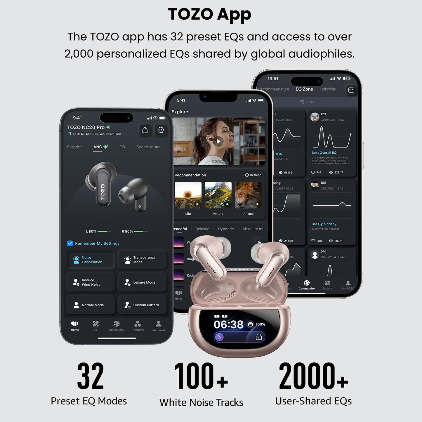 TOZO NC20 Pro Active Noise Cancelling Wireless Earbuds, Smart LCD Screen