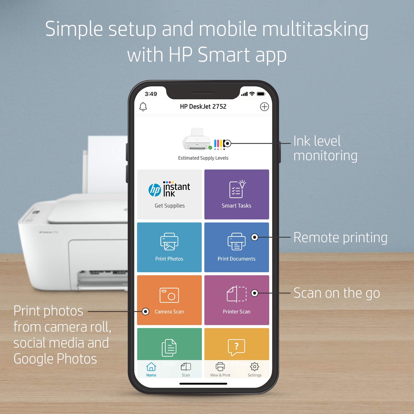 HP DeskJet 2752 All-in-One Color Inkjet Printer Scanner and Copy with Mobile Printing, Wireless Printers for Home and Office, Instant Ink Ready