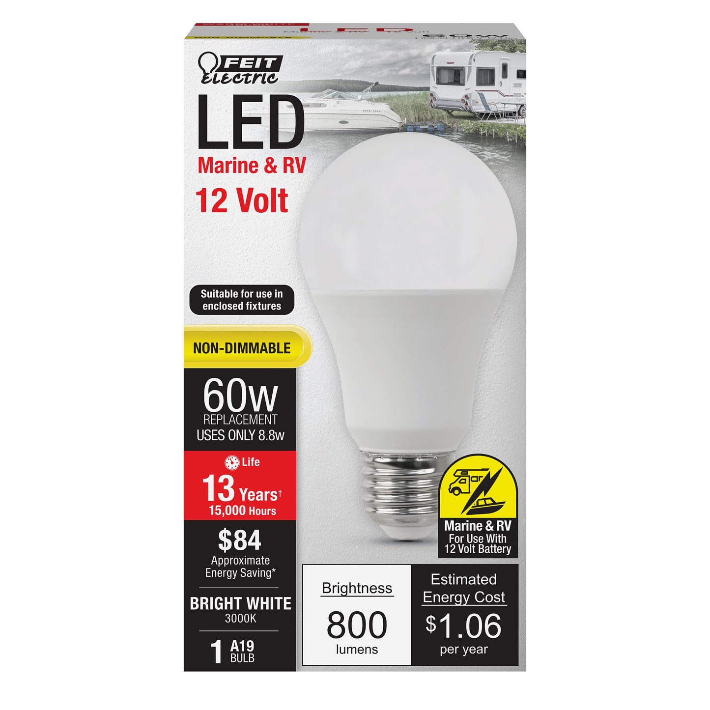 Feit Electric A19 LED Light Bulb, 60W Equivalent, E26 Base, 3000K Bright White, 800 Lumens, Low Voltage Light Bulbs for Marine/RV Sockets, 15,000-Hour
